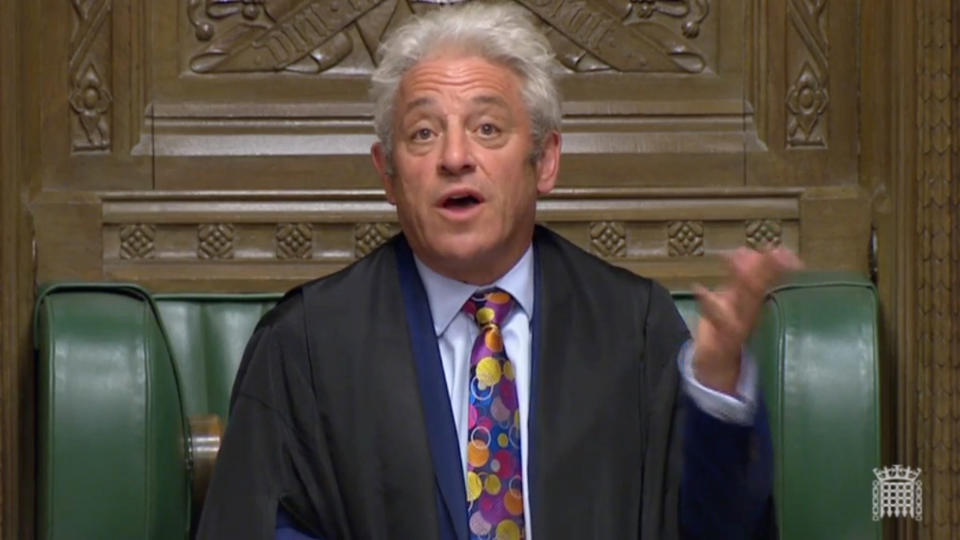 Speaker John Bercow speaks after Britain’s parliament voted on whether to hold an early general election, in Parliament in London, Britain, September 10, 2019, in this still image taken from Parliament TV footage. Parliament TV via REUTERS