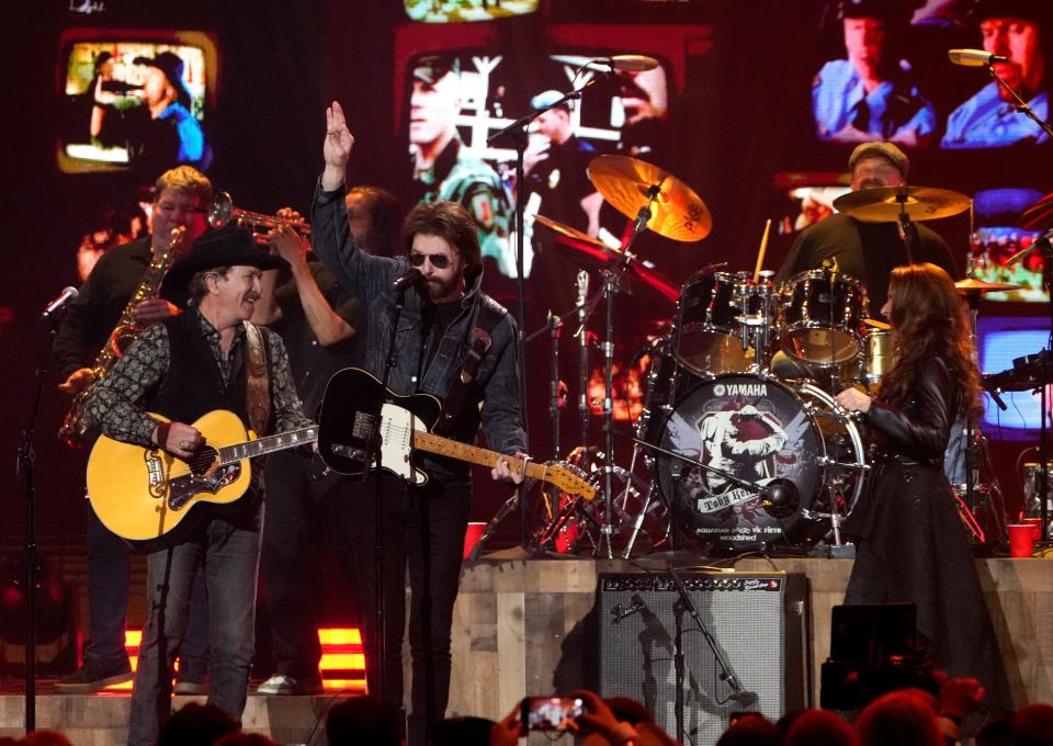 Brooks & Dunn perform in honor of Toby Keith at the 2024 CMT Music Awards at the Moody Center in Austin Sunday night, April 7, 2024.