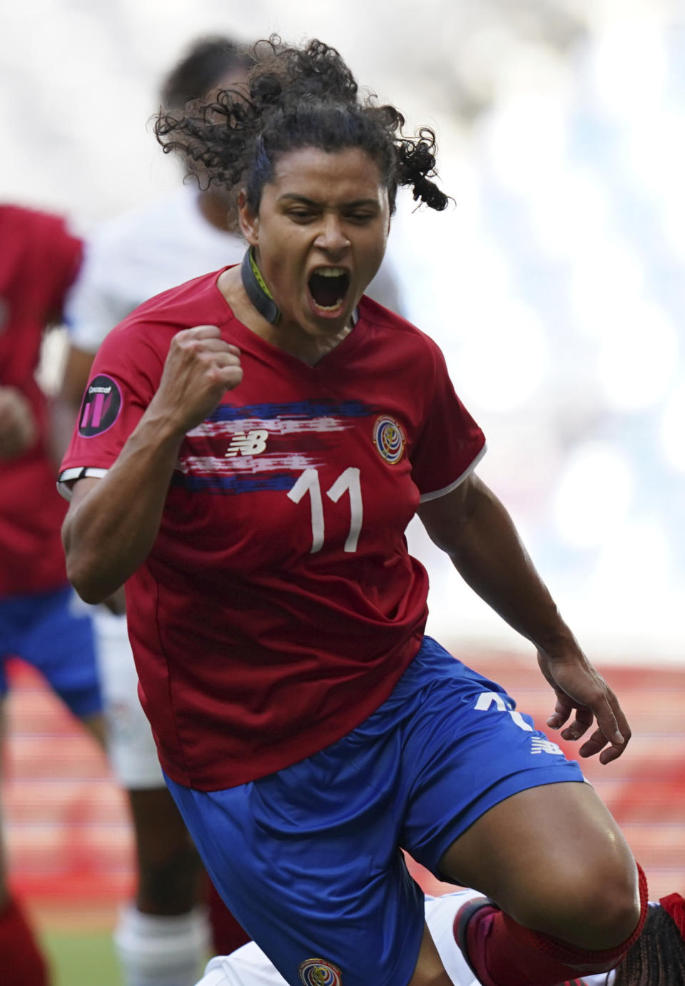 Costa Rica's Raquel Rodriguez celebrates after scoring the opening goal against Panama during a CONCACAF Women's Championship soccer match in Monterrey, Mexico, Tuesday, July 5, 2022. (AP Photo/Fernando Llano)