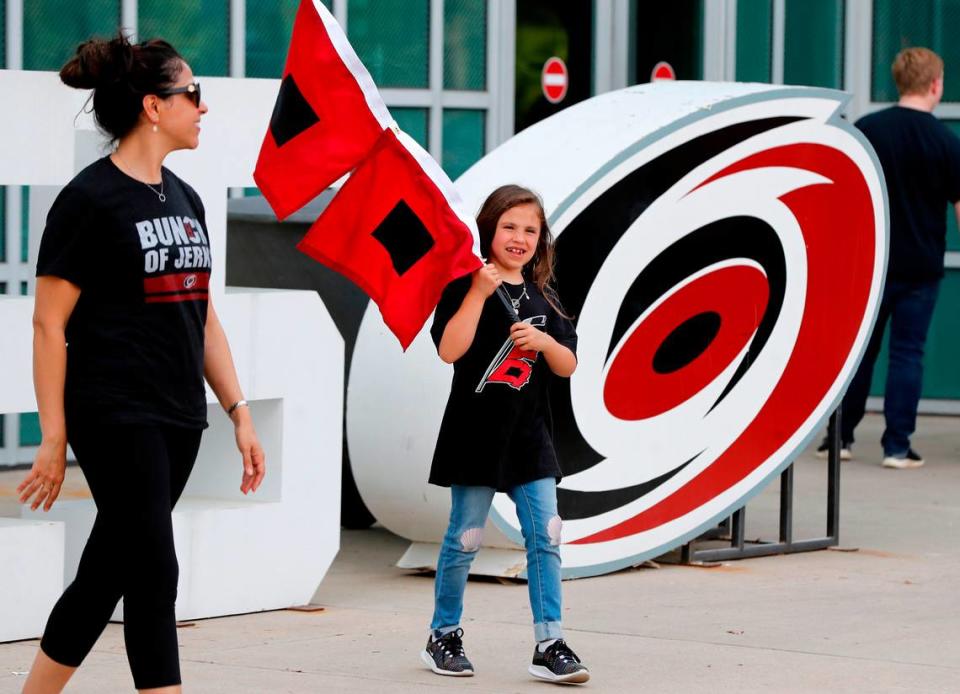 Leila Parrott, 6, of Chapel Hill walks outside PNC Arena before the Carolina Hurricanes’ game against the New York Islanders at PNC Arena in Raleigh Friday, May 3, 2019.