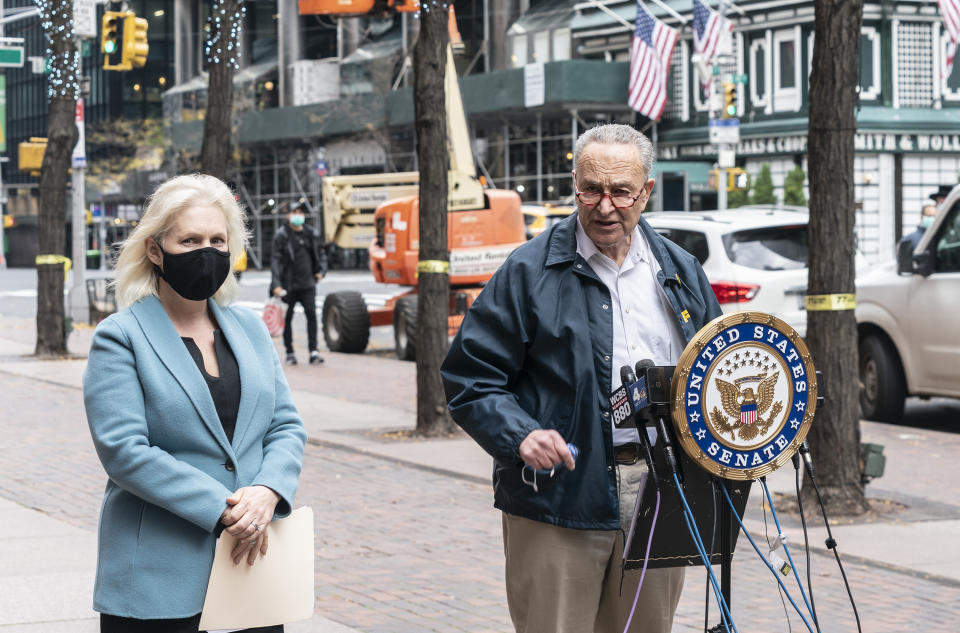 NEW YORK, UNITED STATES - 2020/11/15: Kirsten Gillibrand attends U.S. Senator Chuck Schumer's press conference to demand that Senate Leader Mitch McConnell deliver robust stimulus bill. Both Senators demanded that Mitch McConnell accepted the mandate of the recent election and put a robust COVID relief bill on the Senate floor as soon as possible. They also pointed to tweet by President Donald Trump where he stated that McConnell should stop blocking relief bill. Senators stated that next relief package must contain tools to tackle food insecurity, rental assistance, universal paid leave, and the fair and equitable distribution of a vaccine as well as to be detailed for New York State including relief for MTA. (Photo by Lev Radin/Pacific Press/LightRocket via Getty Images)