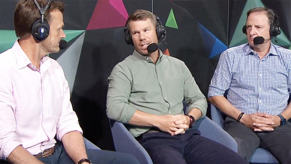 David Warner, pictured here in commentary during the BBL with Adam Gilchrist and Mark Waugh.