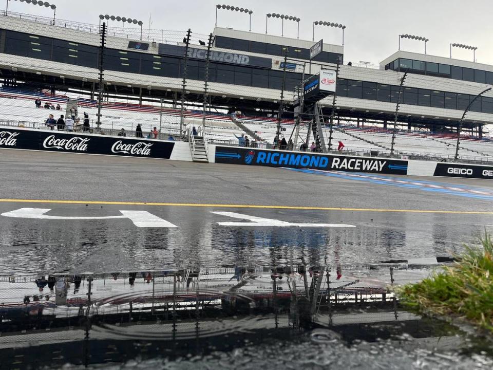 Rain falls on the track at Richmond Raceway ahead of the NASCAR Cup Series’ Toyota Owners 400 on Sunday, March 31, 2024, in Richmond, Va.