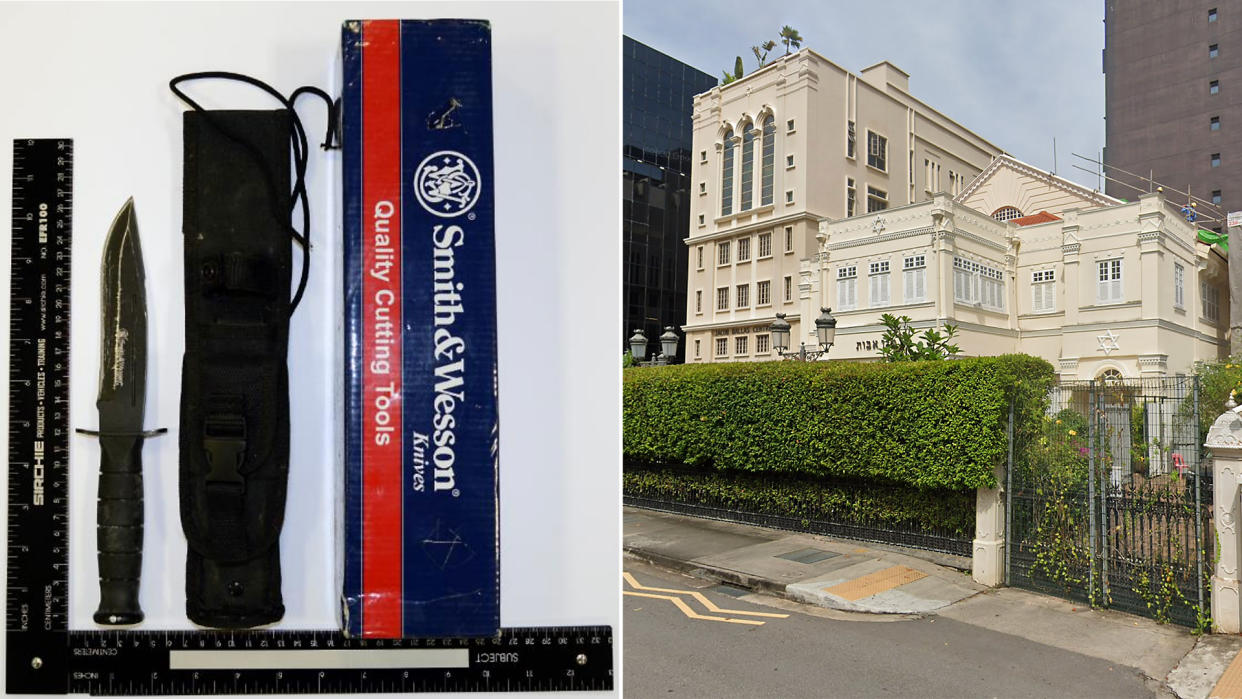 Amirull Ali had planned to use a Smith and Wesson knife (left) for his attack on the Maghain Aboth synagogue (right) along Waterloo Street. (PHOTOS: MHA / Google Street View screengrab)