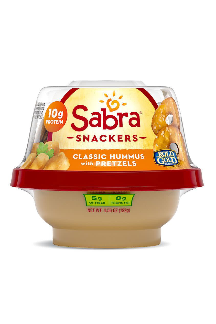 <p>$2 per container</p><p><a rel="nofollow noopener" href="https://www.amazon.com/Sabra-Go-Pretzel-Hummus-4-3/dp/B019QJB978/ref=sr_1_2_a_f_it?ie=UTF8&qid=1531504054&sr=8-2&ppw=fresh&keywords=Sabra+Hummus+With+Pretzels&dpID=518HYBvQWbL&preST=_SX300_QL70_&dpSrc=srch" target="_blank" data-ylk="slk:SHOP NOW;elm:context_link;itc:0;sec:content-canvas" class="link ">SHOP NOW</a></p><p>Instead of sugary snacks, have some protein-packed hummus and pretzels on hand to keep your little ones full until dinner, like in these snack packs from <a rel="nofollow noopener" href="https://www.amazon.com/s/ref=nb_sb_noss_1?url=search-alias%3Daps&field-keywords=sabra" target="_blank" data-ylk="slk:Sabra;elm:context_link;itc:0;sec:content-canvas" class="link ">Sabra</a>.</p>