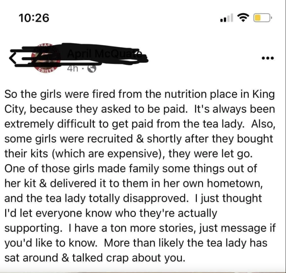 Text saying "the girls" were fired because they asked to be paid and it's always been very hard to get paid by the tea lady, and some girls were recruited and let go shortly after they bought their expensive kits
