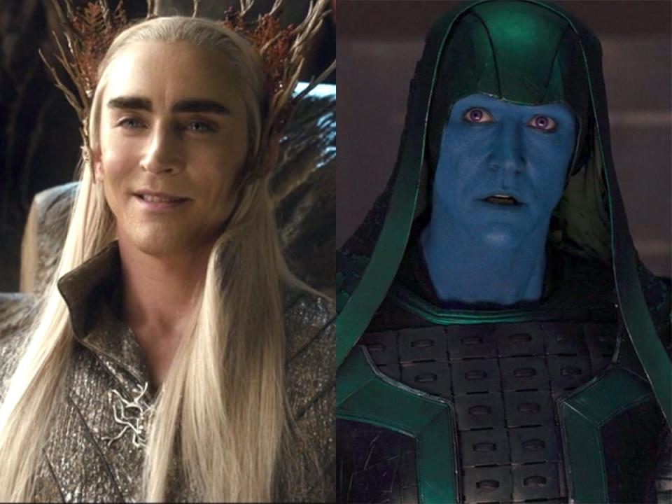 On the left: Lee Pace as Thranduil in "The Hobbit: The Desolation of Smaug." On the right: Pace as Ronan in "Captain Marvel."