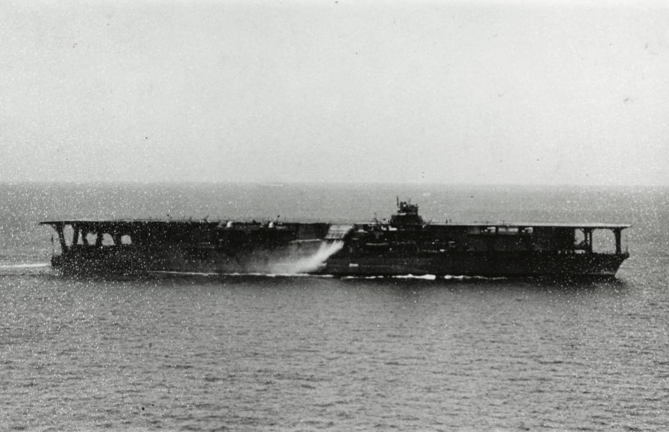 In this photo provided by the Naval History and Heritage Command is the Japanese aircraft carrier Kaga at sea in the 1930s. Footage from remote submersibles taken three miles under the Pacific Ocean is giving the world the first detailed glimpse of three World War II aircraft carriers that sunk in the pivotal Battle of Midway, which marked a shift in control of the Pacific naval theater from Japanese to U.S. forces. (Naval History and Heritage Command via AP)