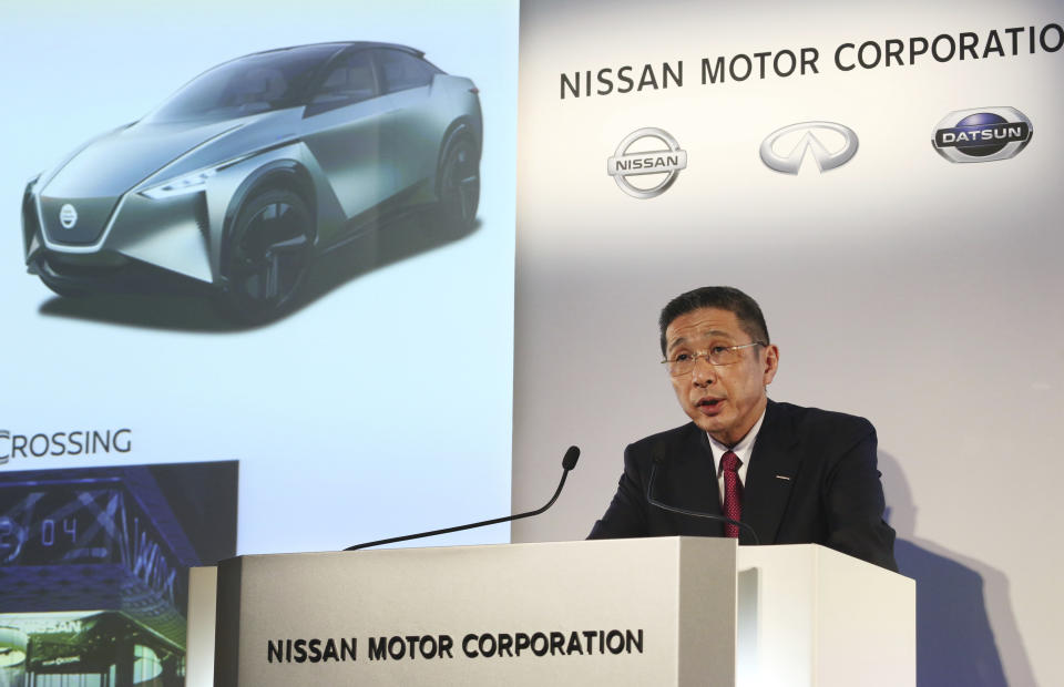 Nissan Motor Co. Chief Executive Hiroto Saikawa speaks during a press conference at its Global Headquarters in Yokohama, near Tokyo Tuesday, May 14, 2019. Japanese automaker Nissan, reeling from the arrest of its former Chairman Carlos Ghosn, reported Tuesday that annual profit nose-dived to less than half of what it earned the previous year, and forecast even dimmer results going forward.(AP Photo/Koji Sasahara)