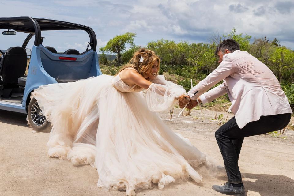 Jennifer Lopez says she virtually fell off a cliff whereas filming a shotgun wedding ceremony stunt with Josh Duhamel