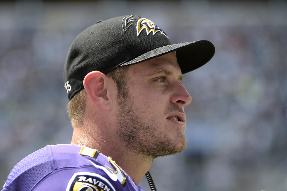 FILE - Baltimore Ravens quarterback Ryan Mallett watches from the sideline during the first half of the team's NFL football game against the Jacksonville Jaguars in Jacksonville, Fla., Sept. 25, 2016. Mallett, who played for New England, Houston and Baltimore during five seasons in the NFL, has died. He was 35. Mallett died in an apparent drowning, according to the Okaloosa County Sheriff’s Office. Mallett was a football coach at White Hall High School in his native Arkansas, and the school district also confirmed his death in a post on its website. (AP Photo/Phelan M. Ebenhack, File)