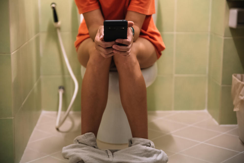 A person on the toilet using their phone