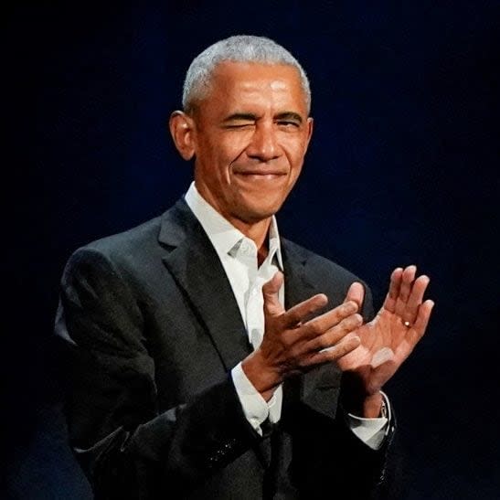 U.S. President Joe Biden, former U.S. Presidents Barack Obama and Bill Clinton participate in a discussion moderated by Stephen Colbert, host of CBS's "The Late Show with Stephen Colbert", during a campaign fundraising event at Radio City Music Hall in New York