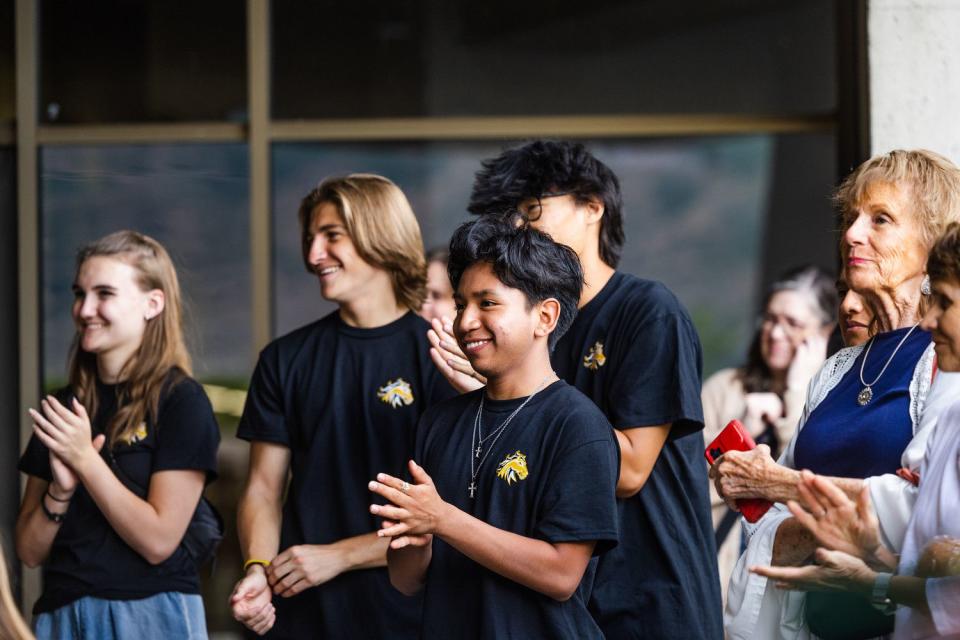 Cottonwood High School students applaud during a groundbreaking event for a teen resource center in Murray on Thursday.