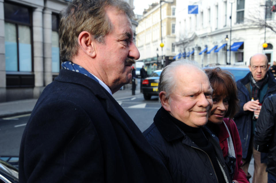 LONDON, ENGLAND - FEBRUARY 13:  Actors John Challis, Sir David Jason and Sue Holderness attend the funeral of actor Roger Lloyd-Pack at St Paul's Church on February 13, 2014 in London, England.  (Photo by Anthony Harvey/Getty Images)