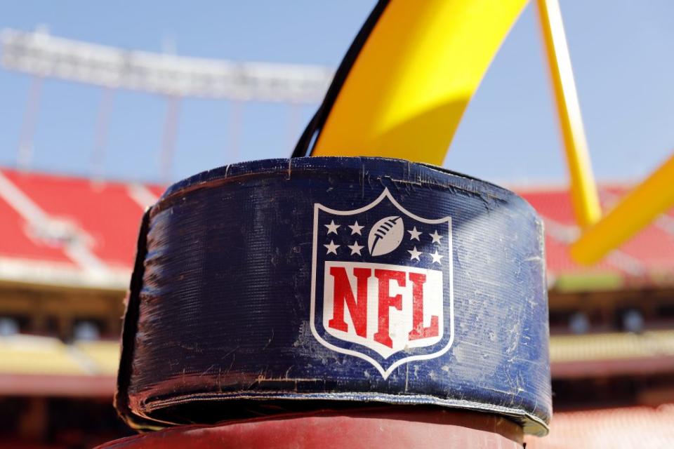 A detail view of the NATIONAL FOOTBALL LEAGUE logo on the goal post stanchion before the AFC Championship Game between the Kansas City Chiefs and the Tennessee Titans at Arrowhead Stadium on January 19, 2020 in Kansas City, Missouri. (Photo by David Eulitt/Getty Images)