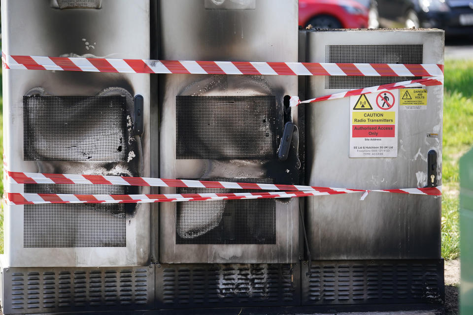 Image: An EE network 5G mast that was attacked by an arsonist in Liverpool last May. (Christopher Furlong / Getty Images file)