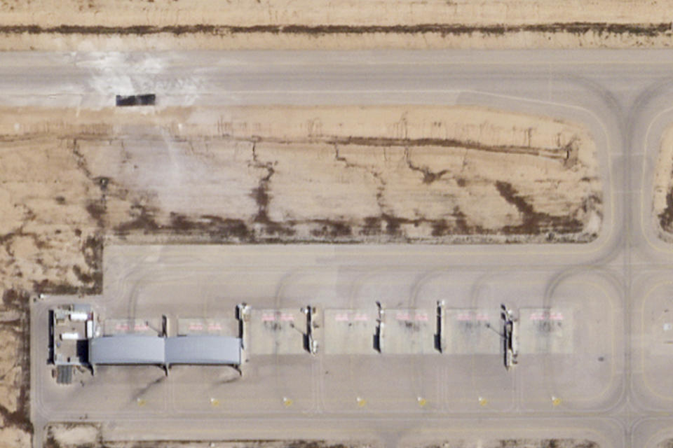 This satellite photo taken by Planet Labs PBC shows a repaired taxiway after Iranian attack on Israel's Nevatim air base Friday, April 19, 2024. An Iranian attack on an Israeli desert air base as part of Tehran's unprecedented assault on the country damaged a taxiway, a satellite image analyzed by The Associated Press on Saturday shows. (Planet Labs PBC via AP)