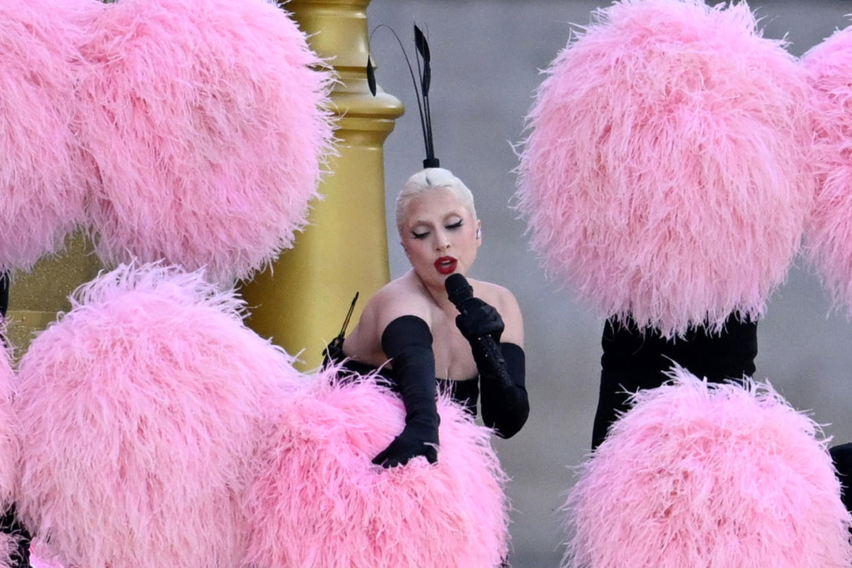 26 July 2024, France, Paris: Olympia, Paris 2024, opening ceremony of the Summer Olympics, singer Lady Gaga performs before the opening ceremony. Photo: Sina Schuldt/dpa (Photo by Sina Schuldt/picture alliance via Getty Images)