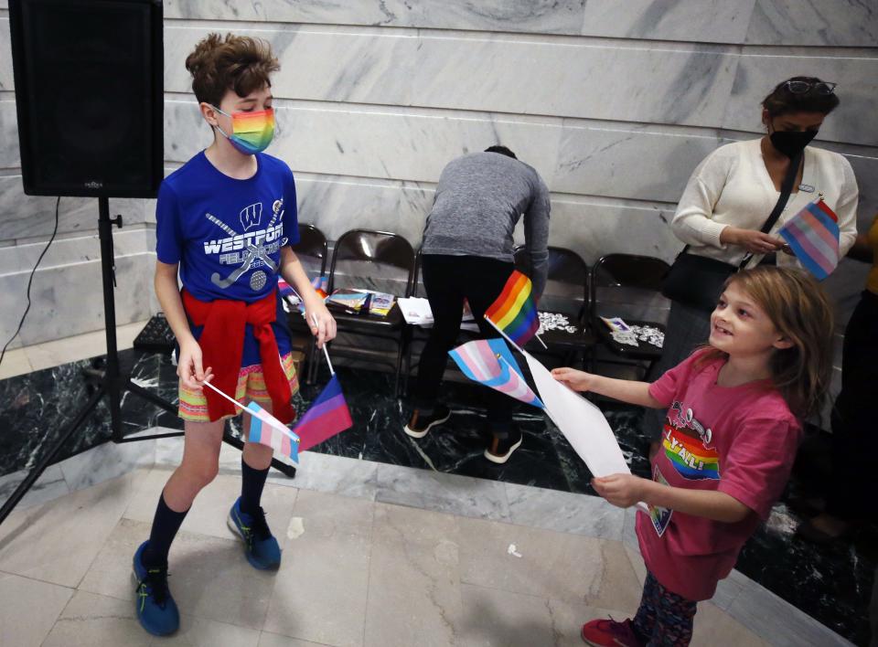 Fischer Wells, 12, who attends Westport Middle School, and 8-year-old Cedar from Breckinridge County, attended the annual Fairness Rally for LGBTQ rights at the Capitol in Frankfort on Wednesday. Both children have spoken out against a bill now before lawmakers that would stop transgender girls from playing girls sports. Feb. 16, 2022