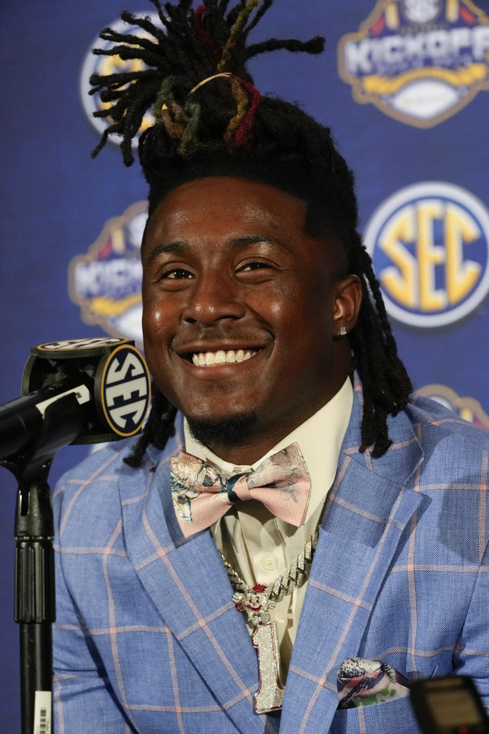 Alabama defensive back Kool-Aid McKinstry responds to questions during NCAA college football Southeastern Conference Media Days, Wednesday, July 19, 2023, in Nashville, Tenn. (AP Photo/George Walker IV)