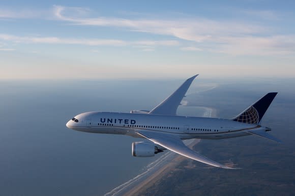 A United Airlines plane flying over a coastline