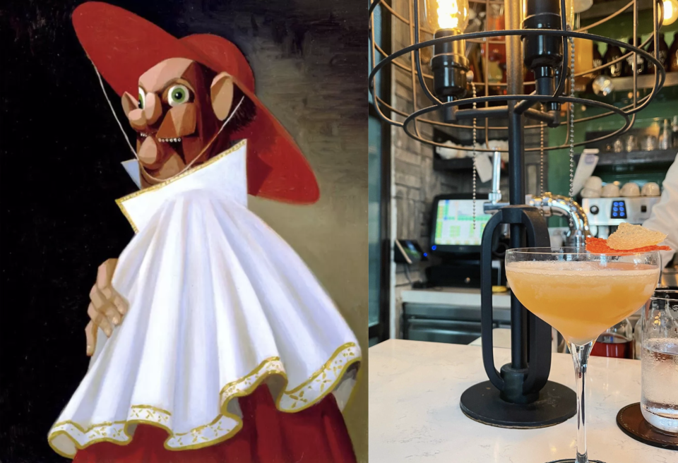 Left: George Condo, The Cracked Cardinal, 2004. The artwork on which the cocktail is based on. Right: Tippling's Club, The Cracked Cardinal ($25)