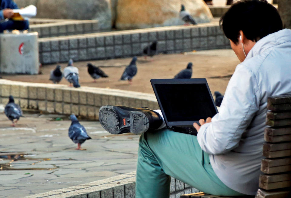 A man uses a laptop computer as pigeons are seen at a park in Tokyo, Japan.  (Photo: REUTERS/Toru Hanai)