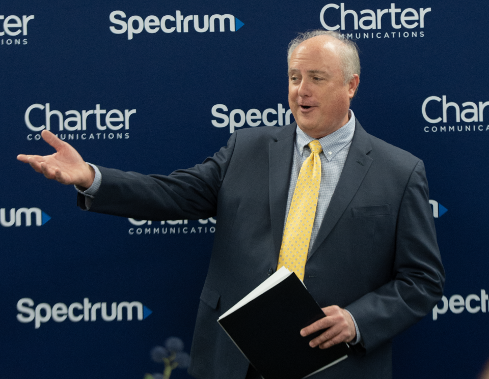 Brian Young, director government affairs for Spectrum Charter Communications, discusses the expansion of broadband internet service in Portage County during an event Jan. 25 in Freedom Township.