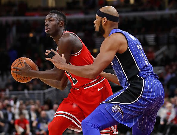 Jerian Grant #2 of the Chicago Bulls looks to pass against Adreian Payne #33 of the Orlando Magic at the United Center on December 20, 2017 in Chicago, Illinois. The Bulls defeated the Magic 112-94. (Photo by Jonathan Daniel/Getty Images)