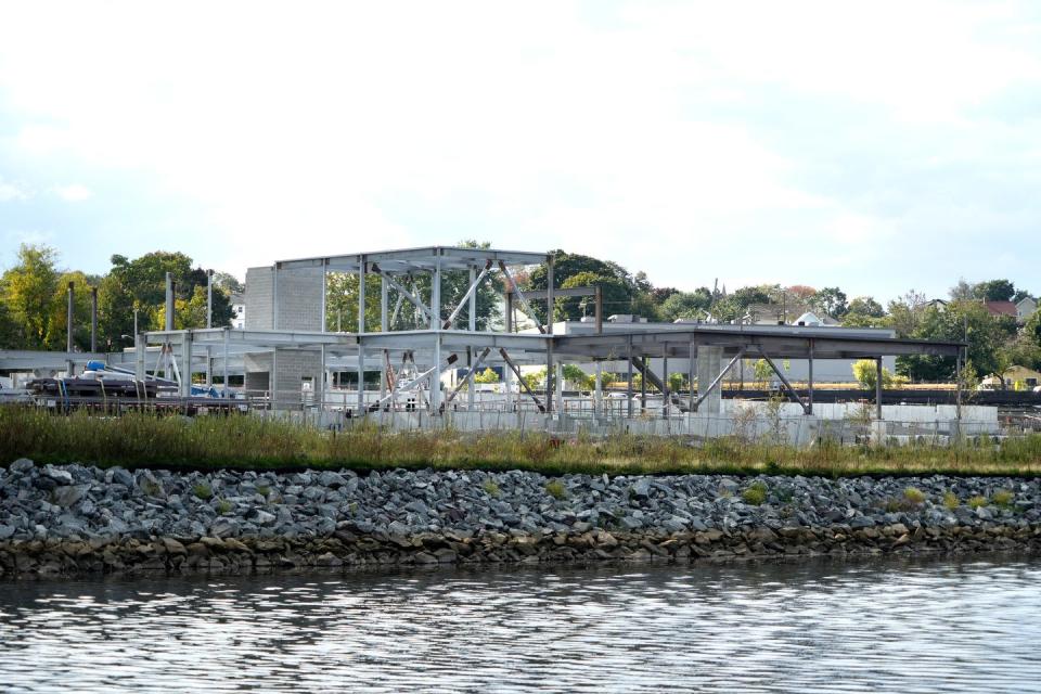 The Tidewater Landing soccer stadium in Pawtucket as seen from the east bank of the Seekonk River in October.