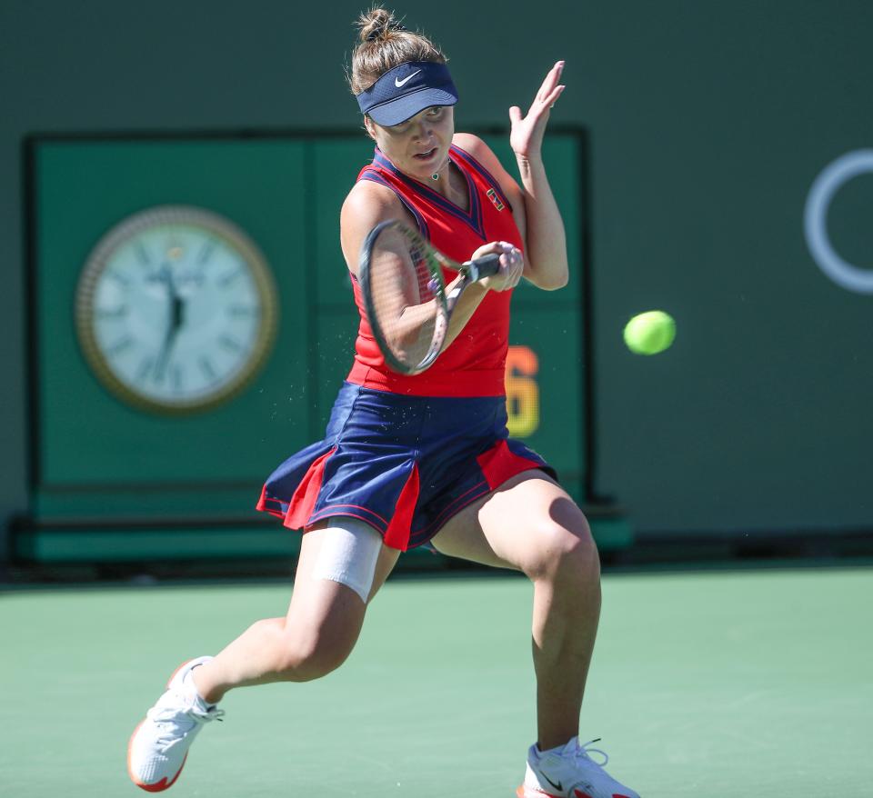 Elina Svitolina hits in her match against Jessica Pegula at the BNP Paribas Open in Indian Wells, Tuesday, October 12, 2021.