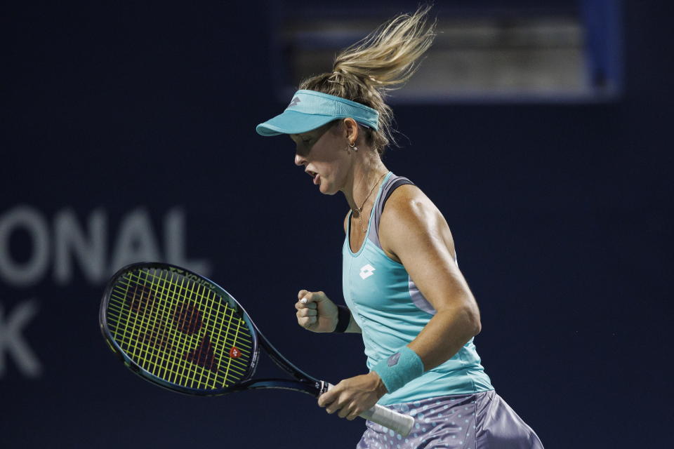 Storm Sanders, of Australia, reacts to a point against Leylah Fernandez, of Canada, during women's match action at the National Bank Open tennis tournament in Toronto, Monday, Aug. 8, 2022. (Cole Burston/The Canadian Press via AP)