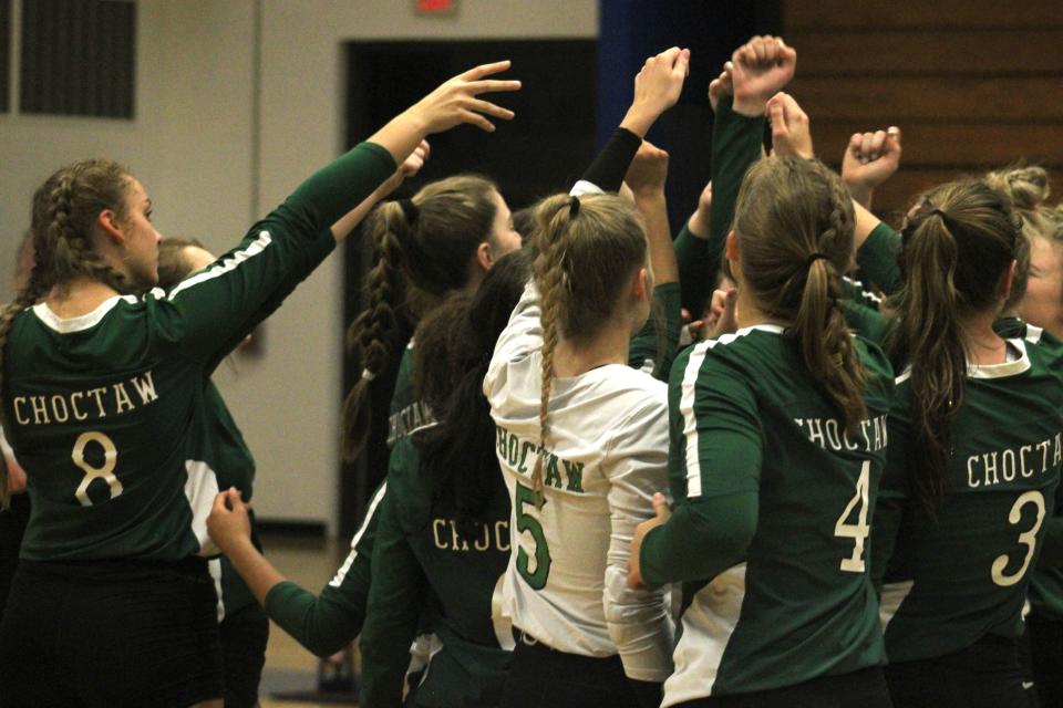 Choctawhatchee players huddle before a Region 1-5A FHSAA high school volleyball semifinal at Ridgeview on November 3, 2021. [Clayton Freeman/Florida Times-Union]