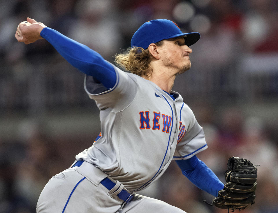 New York Mets relief pitcher Phil Bickford throws to a Atlanta Braves batter in the sixth inning of a baseball game Wednesday, Aug. 23, 2023, in Atlanta. Houston Astros utilityman Mauricio Dubón and Mets right-hander Bickford went to salary arbitration hearings Monday, Feb. 5, 2024. (AP Photo/Hakim Wright Sr.)