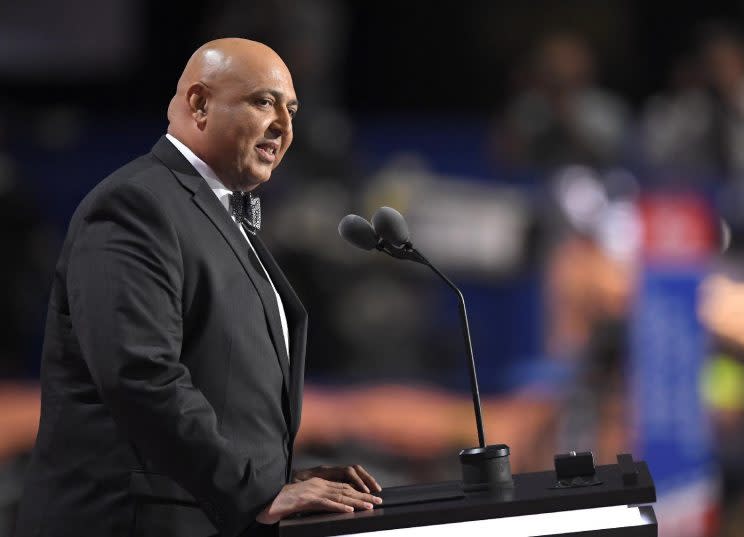Sajid Tarar, founder of American Muslims for Trump, delivers a benediction at the Republican National Convention in Cleveland, July 19, 2016. (Photo: Mark J. Terrill/AP)