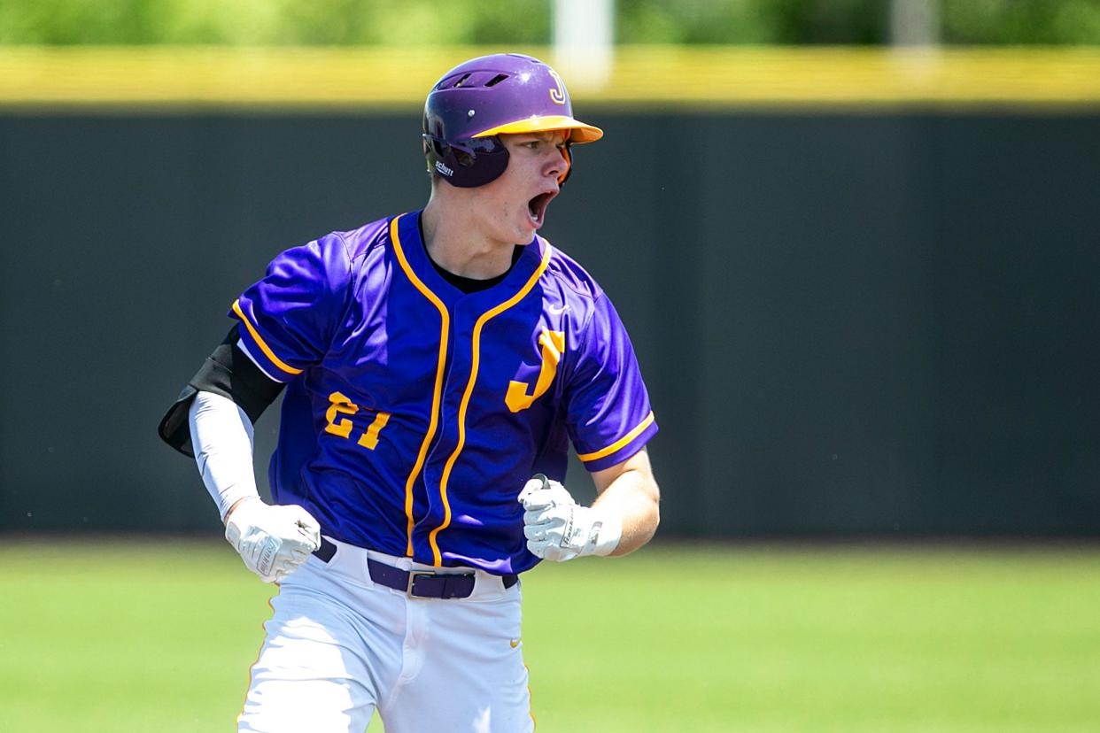 Johnston's Tyne Weeden celebrates while rounding the bases after hitting a home run during a Class 4A high school quarterfinal state baseball game against Iowa City Liberty, Tuesday, July 19, 2022, at Duane Banks Field in Iowa City, Iowa.