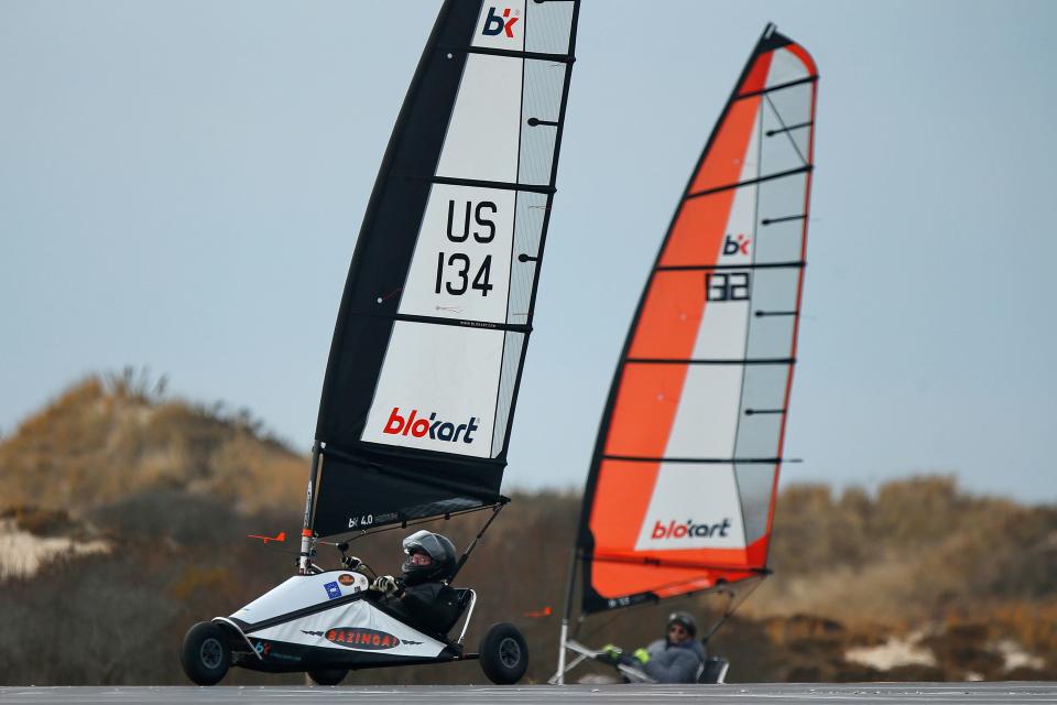 New England Land Sailors race their blokart's around the Horseneck Beach parking lot in Westport.