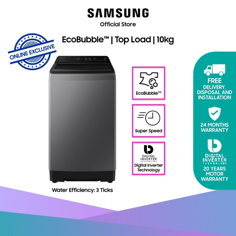 Samsung WA10CG4545BDSP, Top Load Washing Machine, 10kg, 3 Ticks, with Ecobubble [Online Exclusive]. (Photo: Shopee SG)