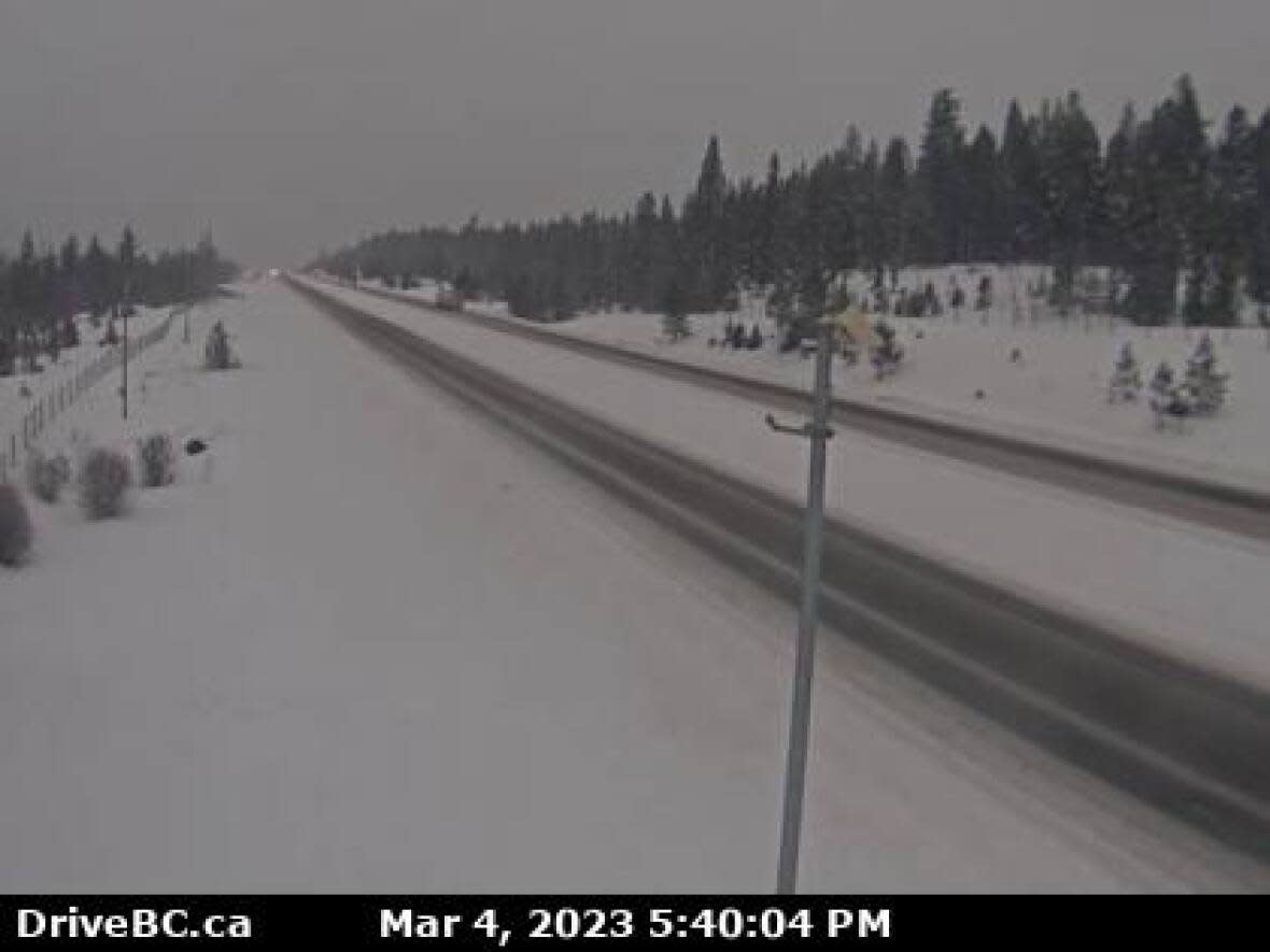 The Coquihalla, Highway 5, seen in a DriveBC highway cam at noon on March 3, was closed due to congestion and extreme winter weather. It's now open as of Saturday evening. (DriveBC - image credit)