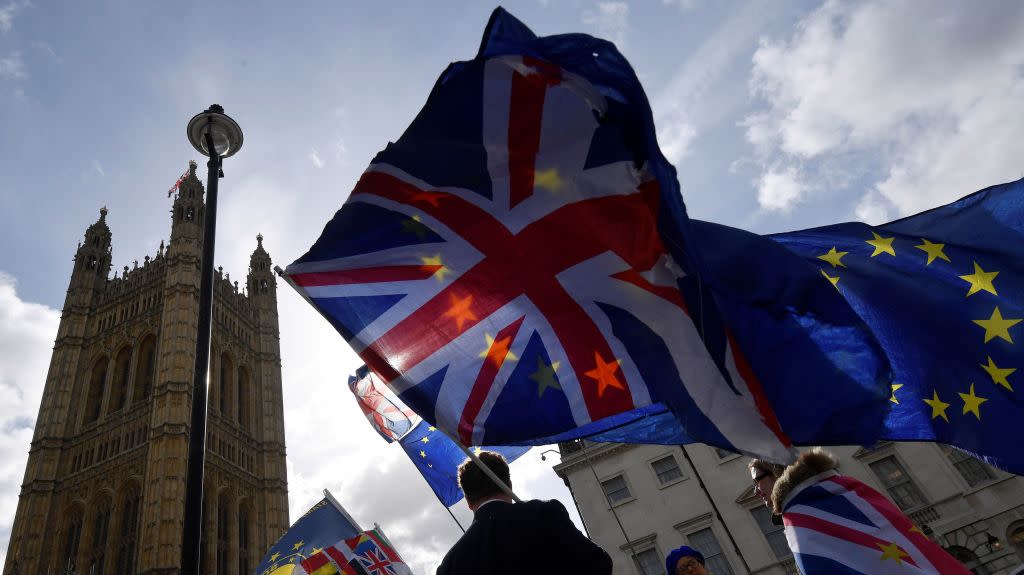 Anti-Brexit protesters gather opposite the Houses of Parliament