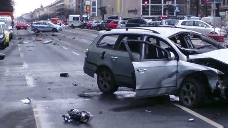 A damaged Volkswagen car stands in Bismarckstrasse, Berlin, Germany, in this picture made available on the Berlin Police Twitter feed on March 15, 2016. REUTERS/Berlin Police/Handout via Reuters