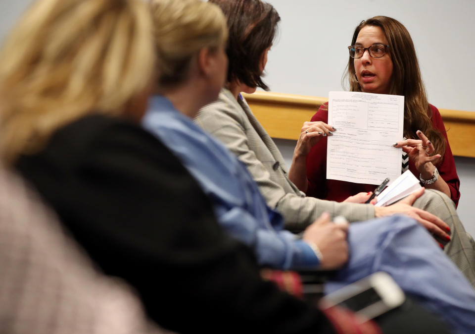 Hospital Epidemiologist Dr. Shira Doron speaks during a Covid-19 briefing for staff at Tufts Medical Center in Boston, Mass. on March 13, 2020. Tufts Medical Center this week decided to cancel non-urgent appointments and procedures to make room for patients who most urgently need care, and as a precaution to reduce spread of the contagious coronavirus. When patients with respiratory symptoms show up in the emergency department, they are quickly separated from other patients and, ideally, taken to a private exam room, said Doron. (Craig F. Walker/The Boston Globe via Getty Images)