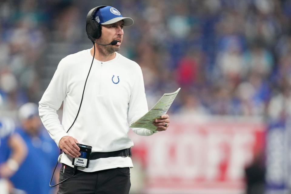 Indianapolis Colts head coach Shane Shane Steichen watches the action on the field Sunday, Sept. 10, 2023, during a game against the Jacksonville Jaguars at Lucas Oil Stadium in Indianapolis.