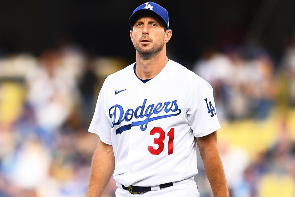 Los Angeles Dodgers pitcher Max Scherzer (31) looks on during the MLB National League Wild Card game between the St. Louis Cardinals and the Los Angeles Dodgers on October 6, 2021 at Dodger Stadium in Los Angeles, CA.