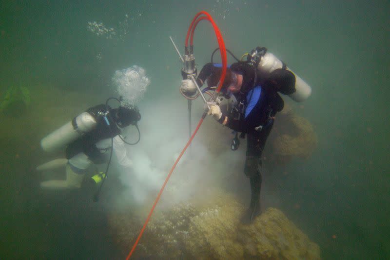 Members of Braddock Linsley's research team drill a coral core during a research trip in Panama, March 2018