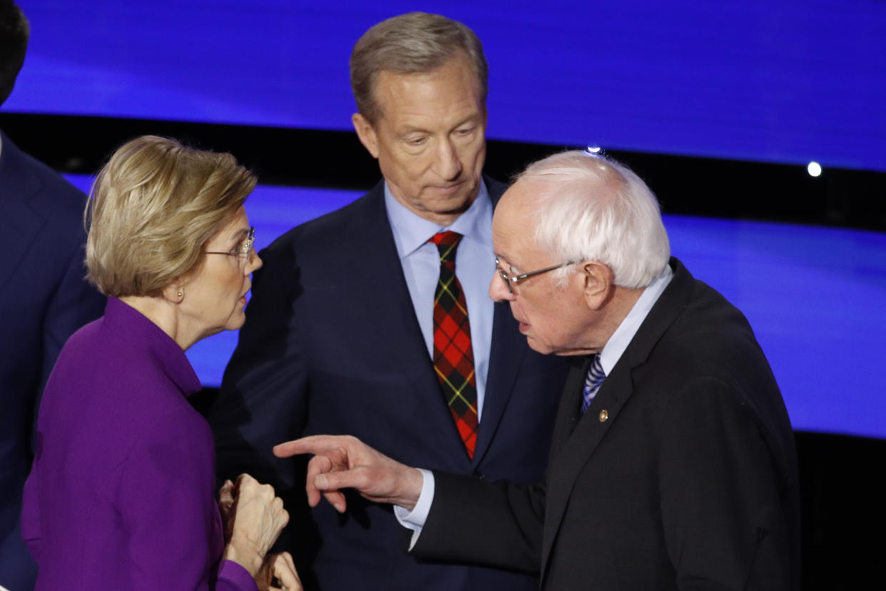 From left, Elizabeth Warren, Tom Steyer and Bernie Sanders