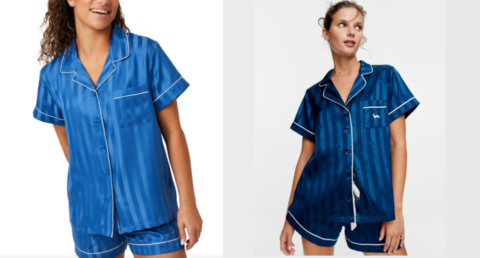 Big W striped satin pjs (left) and the Peter Alexander version (right).