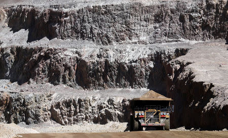 A dump truck carrying minerals operates at Barrick Gold Corp's Veladero gold mine in Argentina's San Juan province, April 26, 2017. REUTERS/Marcos Brindicci