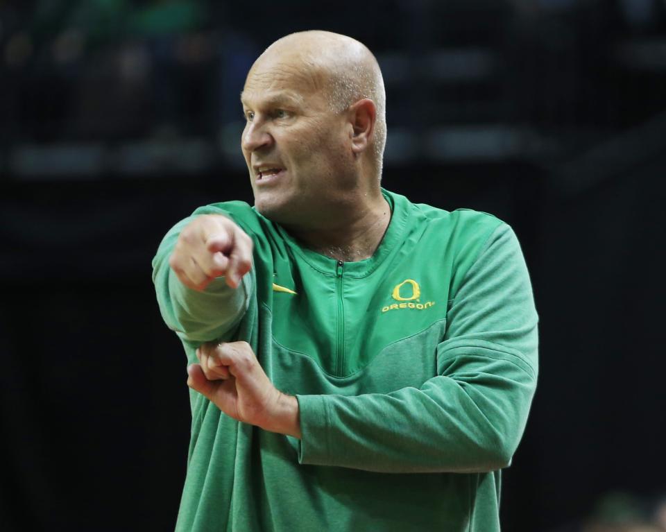 Oregon coach Kelly Graves calls to his team during the second half against Northern Arizona at Matthew Knight Arena Monday, Nov 6, 2023 in Eugene.